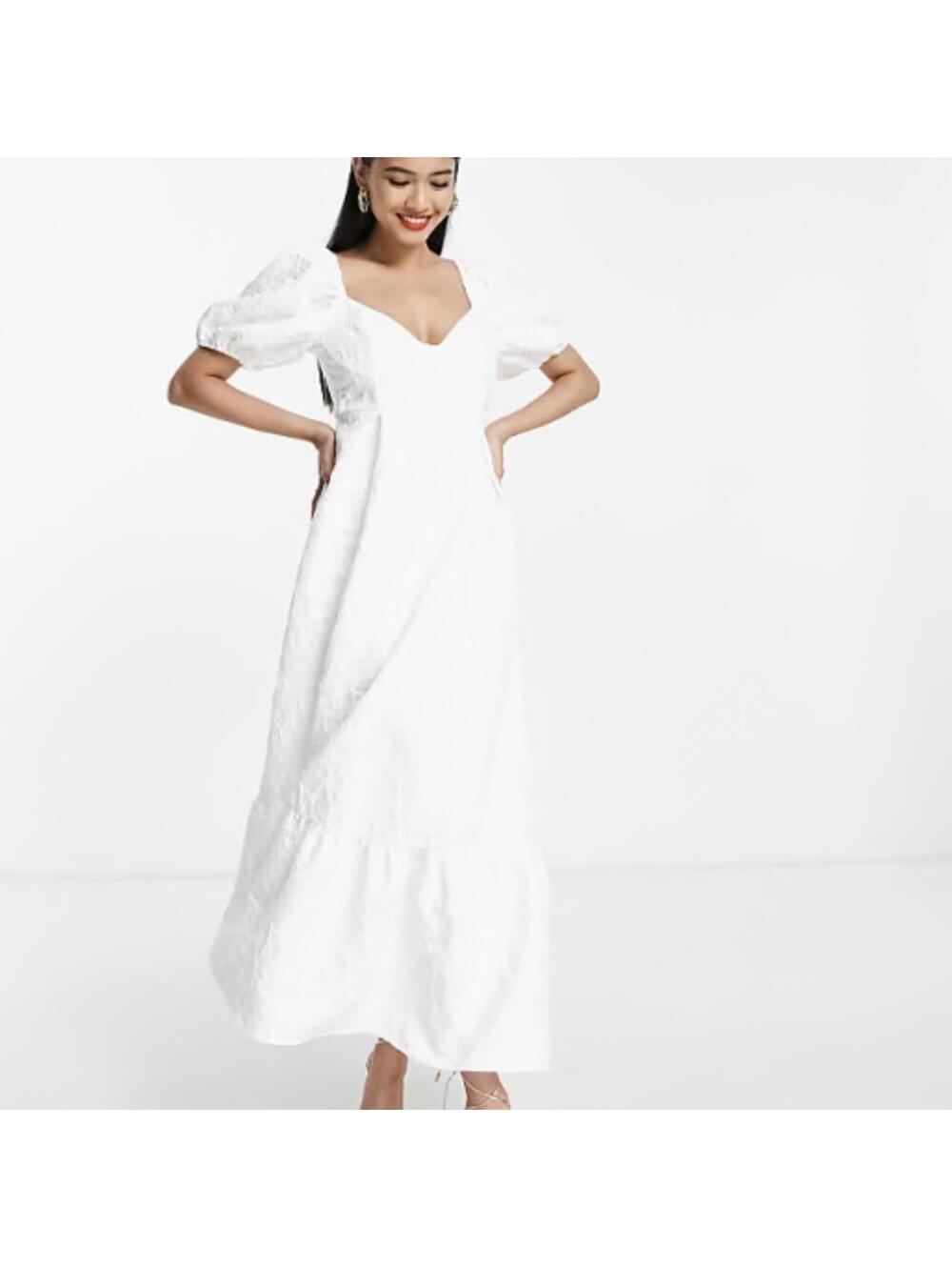 ASOS DESIGN White jacquard Puff Sleeve coquette Midi Dress Size 8